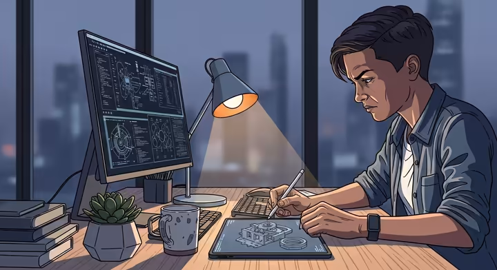 A person meticulously working on a complex project, like a detailed blueprint or computer code, demonstrating expertise and focus.