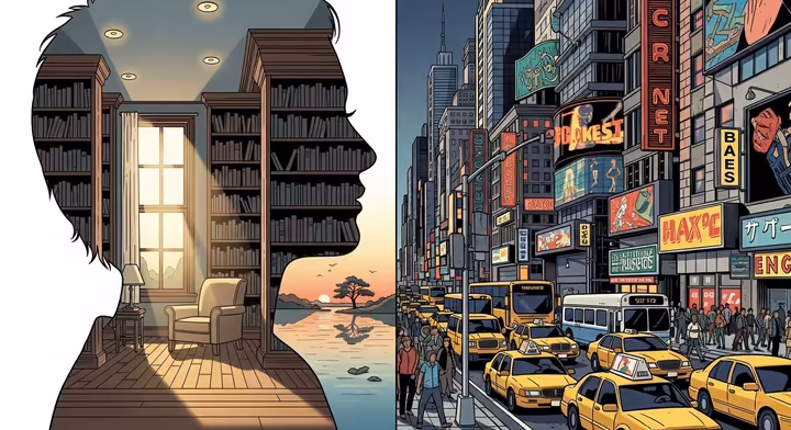 An image split in two: one side shows a person's calm, orderly, and focused inner world, while the other side shows a chaotic, noisy, and distracting external environment.