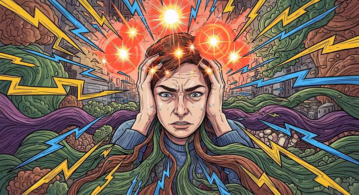 An illustration of a person overwhelmed by sensory input, with bright lights, loud noises, and chaotic patterns swirling around them.