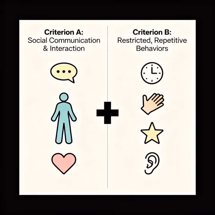 A visual summary of the two core diagnostic criteria for Autism Spectrum Disorder: A) Social Communication & Interaction, and B) Restricted, Repetitive Behaviors.