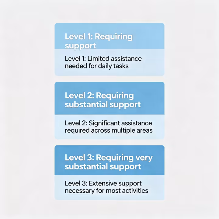 A diagram illustrating the three levels of support for Autism Spectrum Disorder: Level 1 (Requiring support), Level 2 (Requiring substantial support), and Level 3 (Requiring very substantial support).
