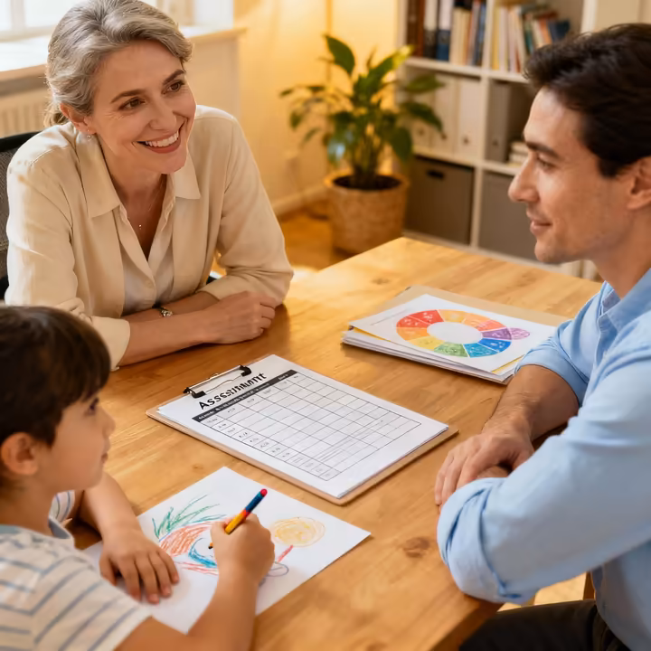 A clinician sits with a family, discussing paperwork and observations, representing the comprehensive and multi-faceted nature of an autism diagnosis evaluation.