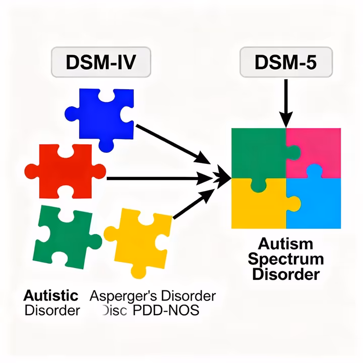 A diagram showing multiple separate puzzle pieces labeled 'Autistic Disorder,' 'Asperger's,' and 'PDD-NOS' from the DSM-IV merging into one large puzzle piece labeled 'Autism Spectrum Disorder' for the DSM-5.