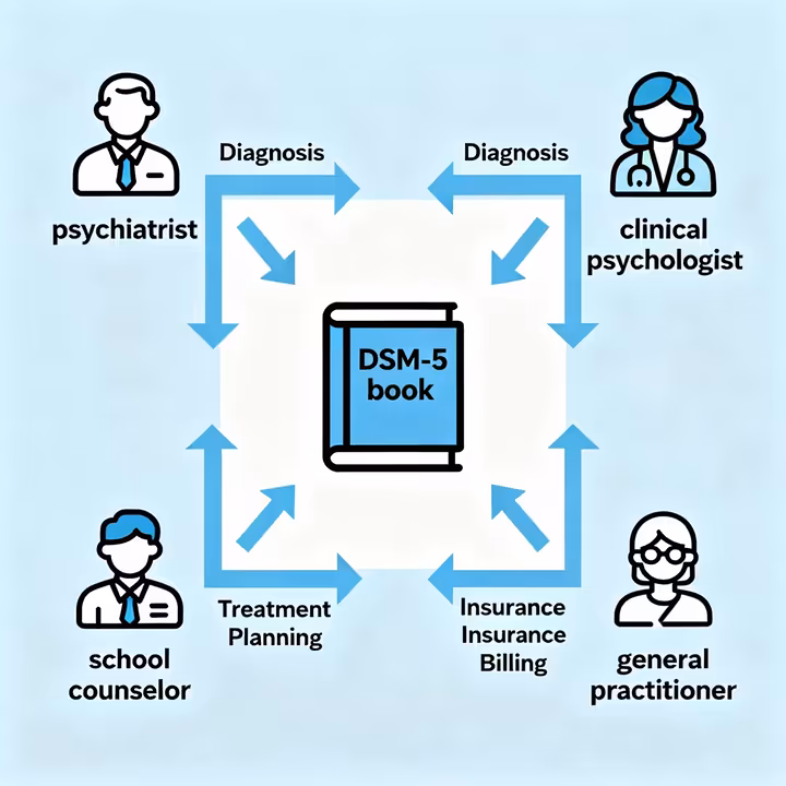 An infographic flowchart showing various professionals like psychiatrists, psychologists, and social workers all referencing the central DSM-5 manual for diagnosis and treatment planning.