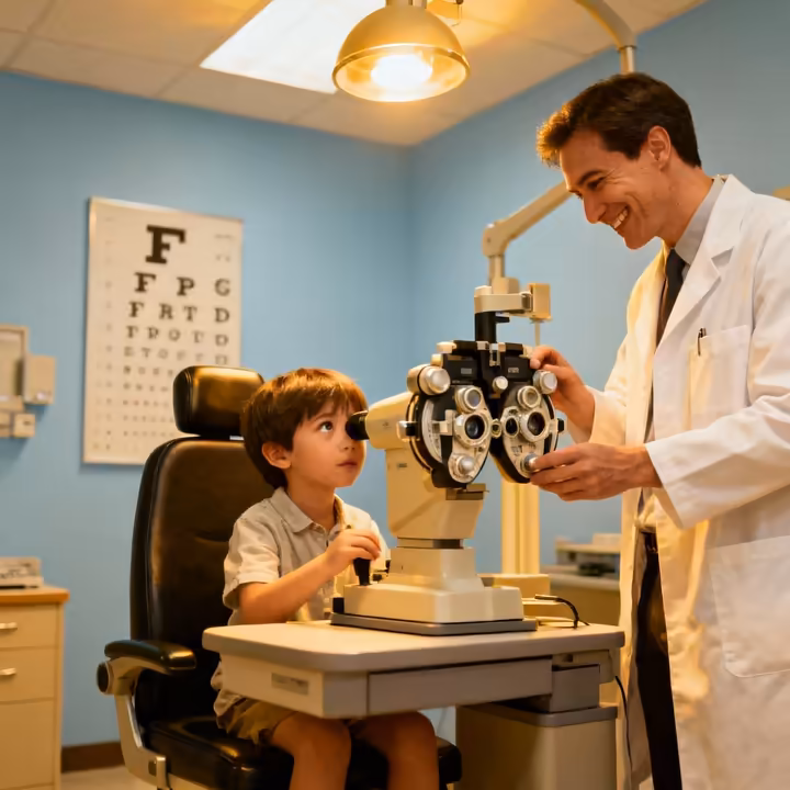 A friendly eye doctor examining a young child's eyes with a special instrument.