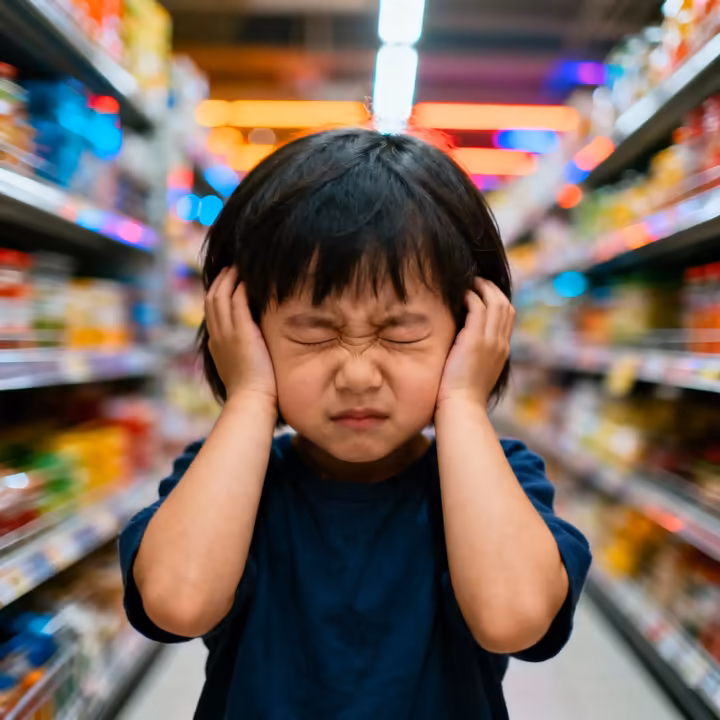 A child in a busy, bright environment, covering their ears and closing their eyes, illustrating sensory overload.