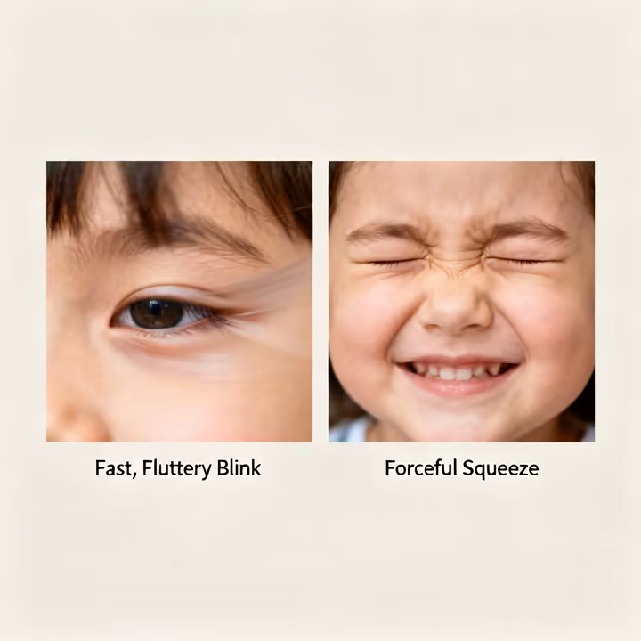A split-image showing a child with a fast, fluttery blink on one side and a child with a forceful eye squeeze on the other.
