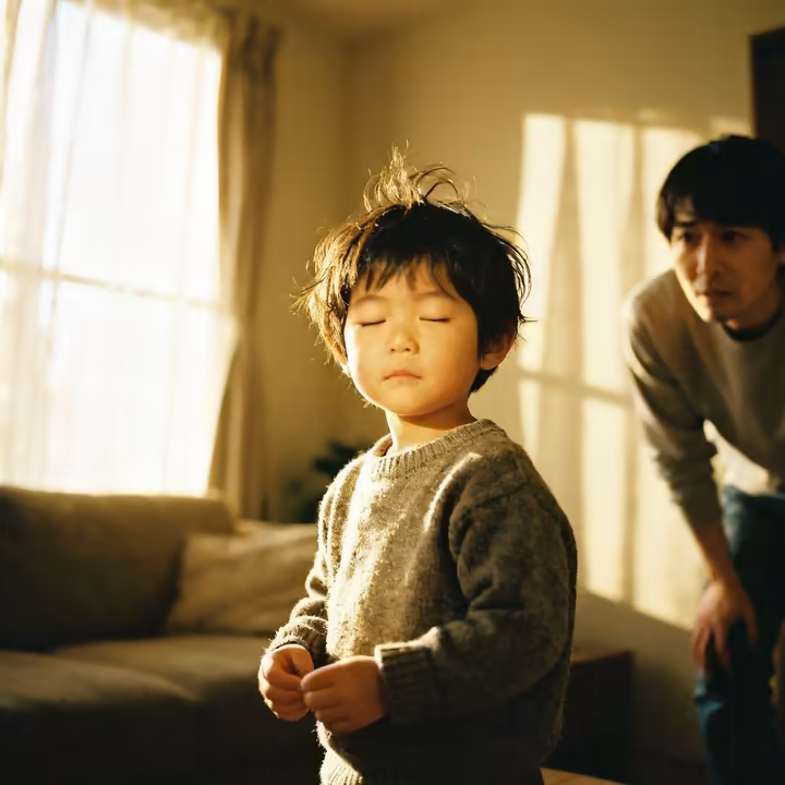 A concerned parent watches their young child who is blinking frequently.
